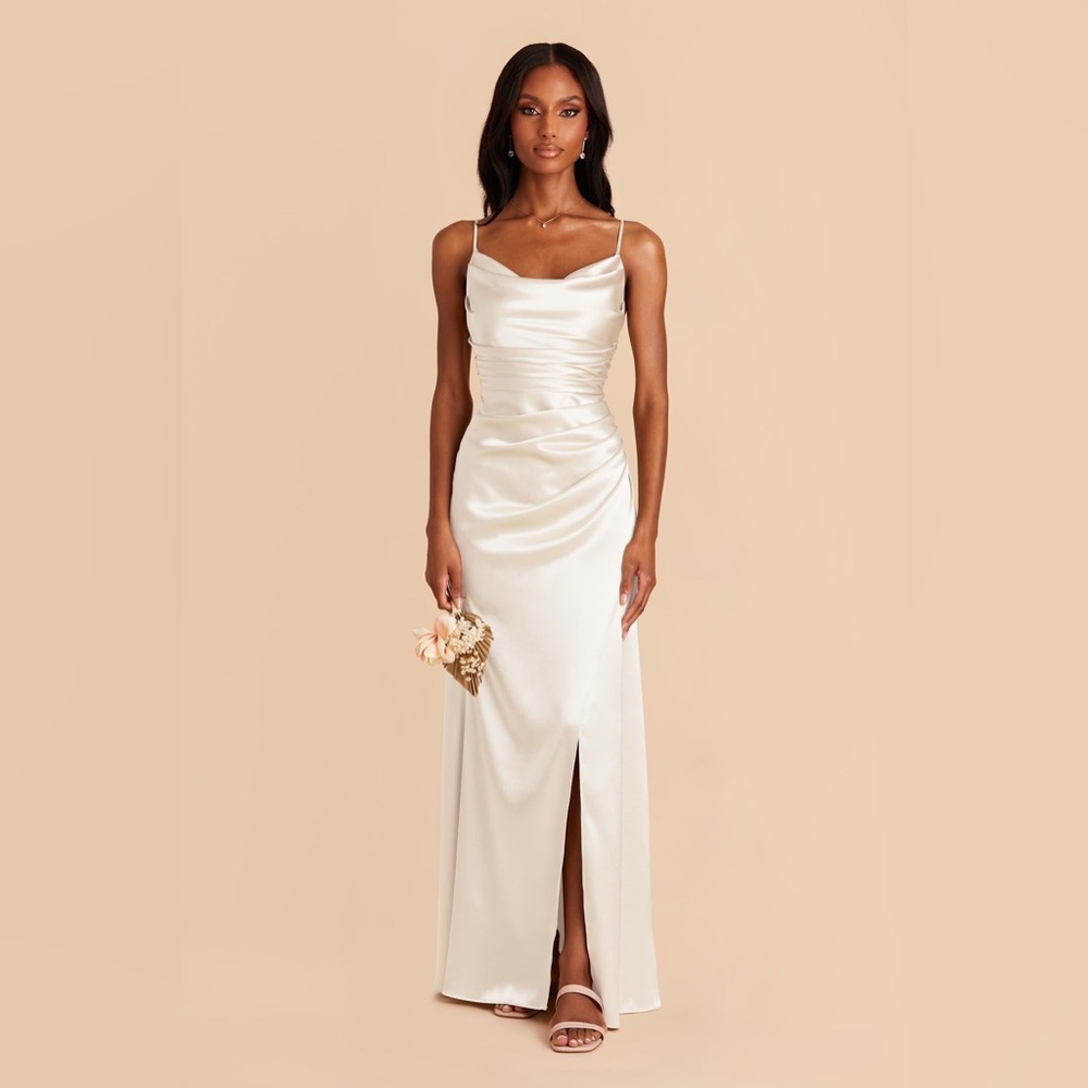 NWT Birdy Grey Lydia maxi Dress Shiny Satin White cowel neck gown Sz S bridal